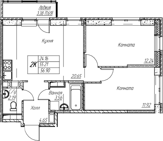 2-комнатная квартира 56.9 м², 10/22 эт., ЖК «Парк-квартал Юнтолово»